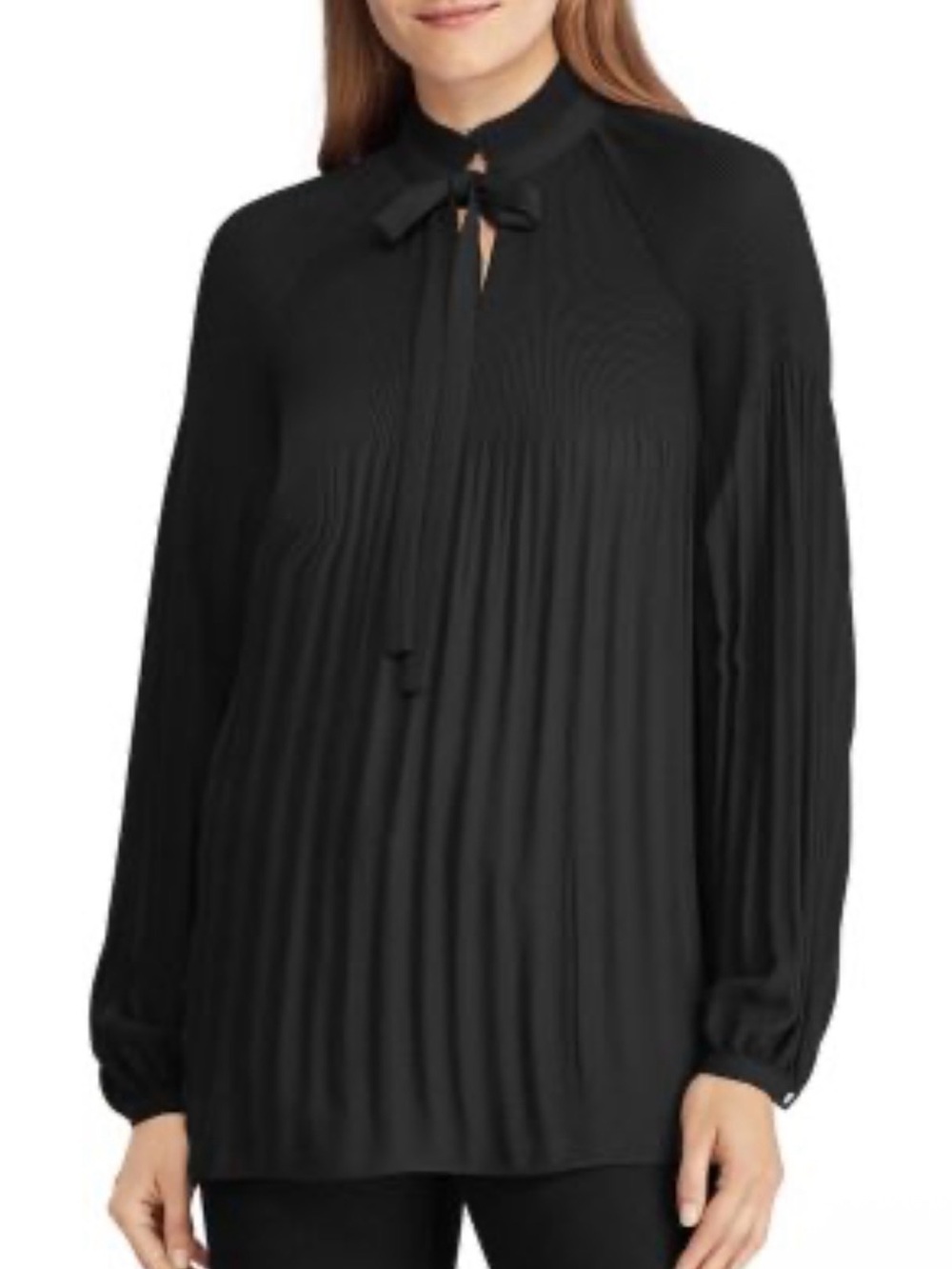 Vintage Women’s Black Ruffled Tie-Neck Blouse - Elegant Long Sleeve Top
